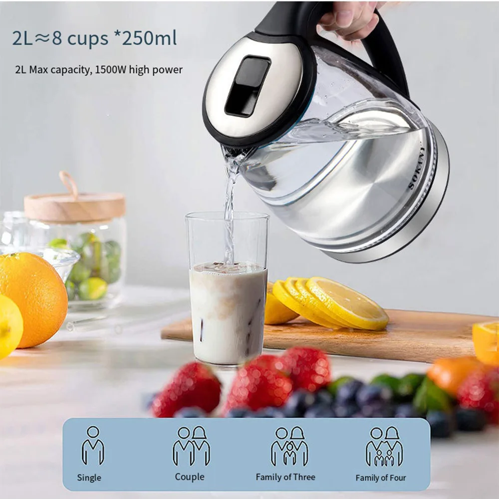 1500W 2L Glass Electric Kettle Portable Teapot Water Boiler 220V Fast Heating Tea Pot Bottle Ktichen Home Appliance EU 주전자 전기포트