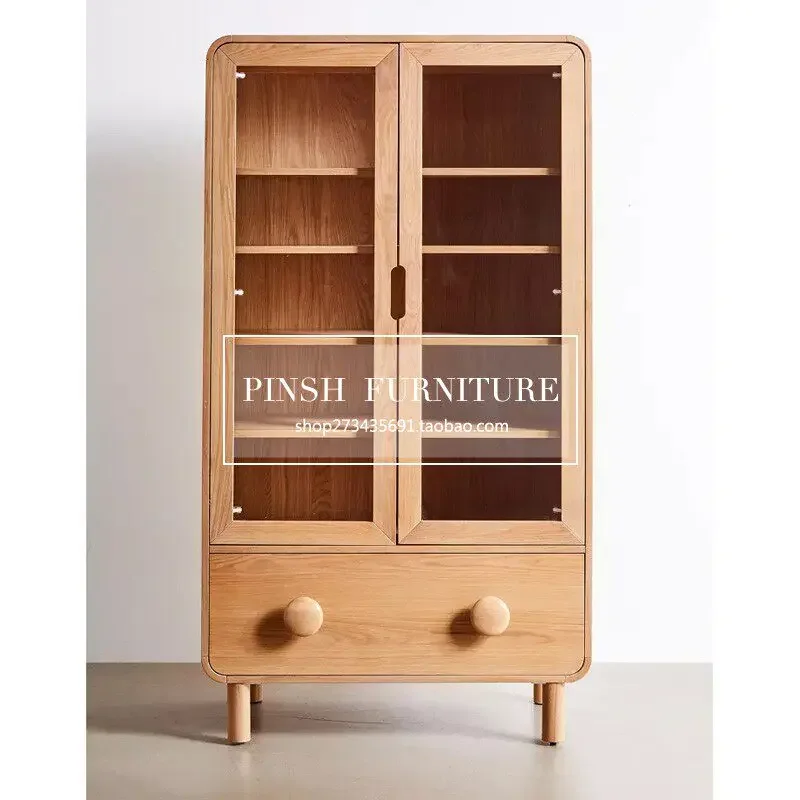 Nordic minimalist modern solid wood Japanese-style log color minimalist multi-layer glass display cabinet