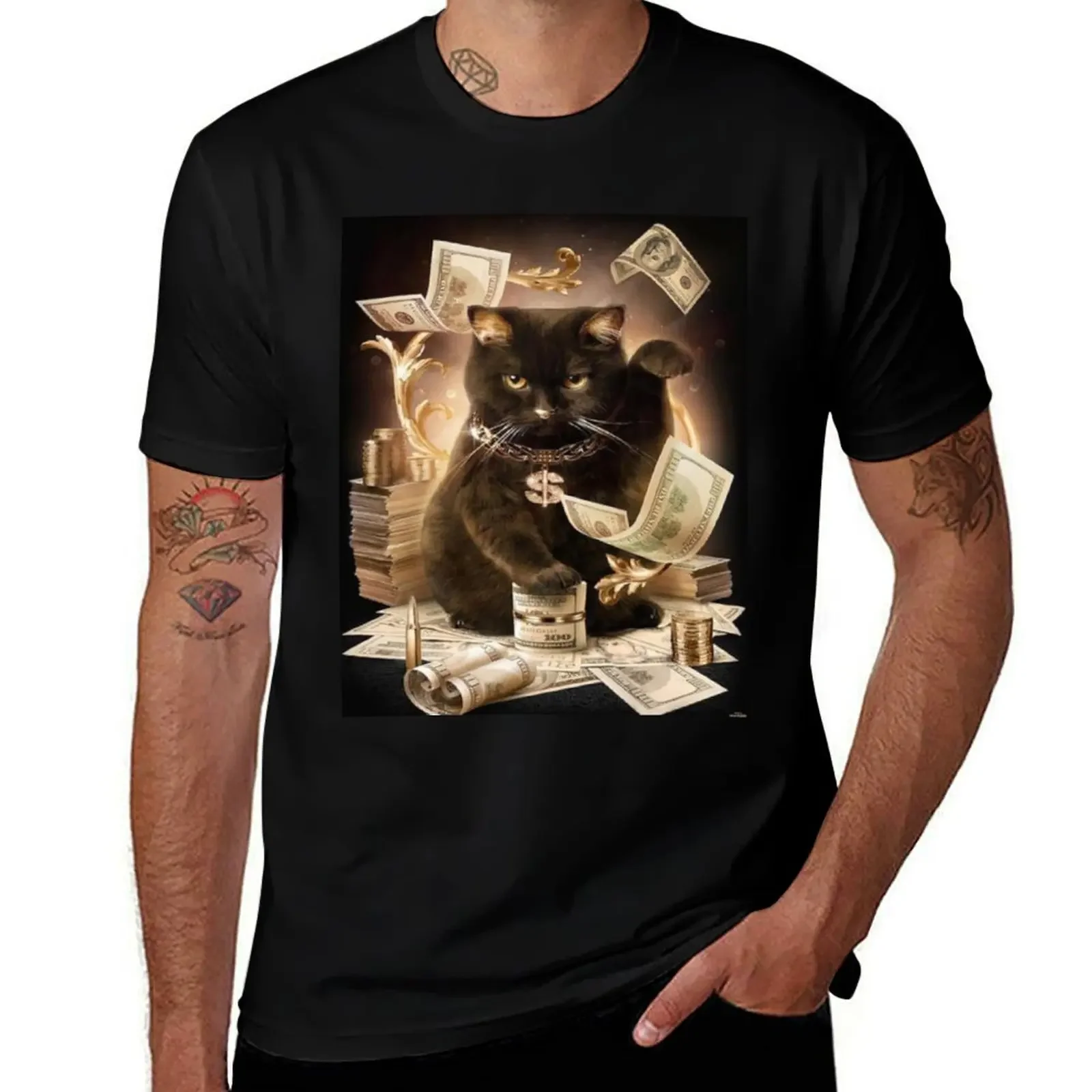 Black Cat Cash Rolling In The Money T-Shirt pour hommes, figurines d'anime, heavyfriend, t-shirts graphiques de basket-ball, vêt