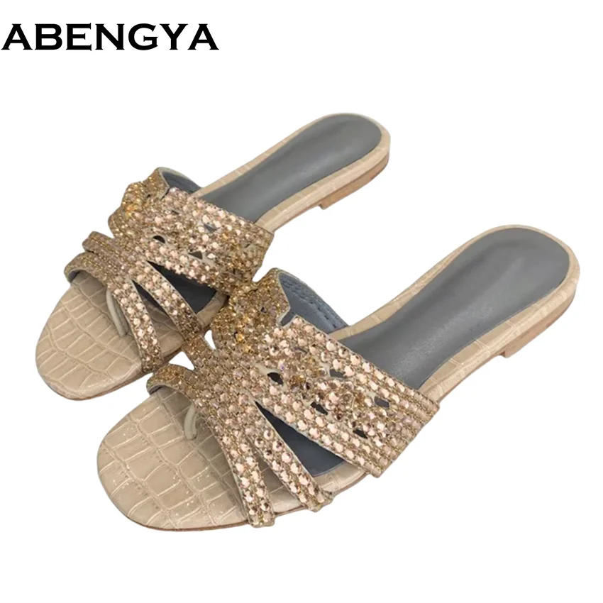 

Summer Hot Sale Real Leather FlipFlops Rhinestone Flat Slippers Slip On Beach Shoes Diamond Crystal Slippers Women Sandals
