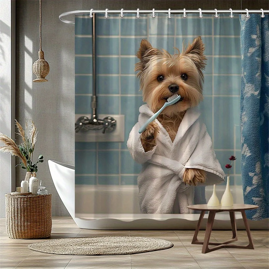 1pc Yorkshire Terrier Puppy with Towel in Bathtub Shower Curtain, Playful Photograph with Cozy Bathroom Atmosphere, Cute Pet Bat