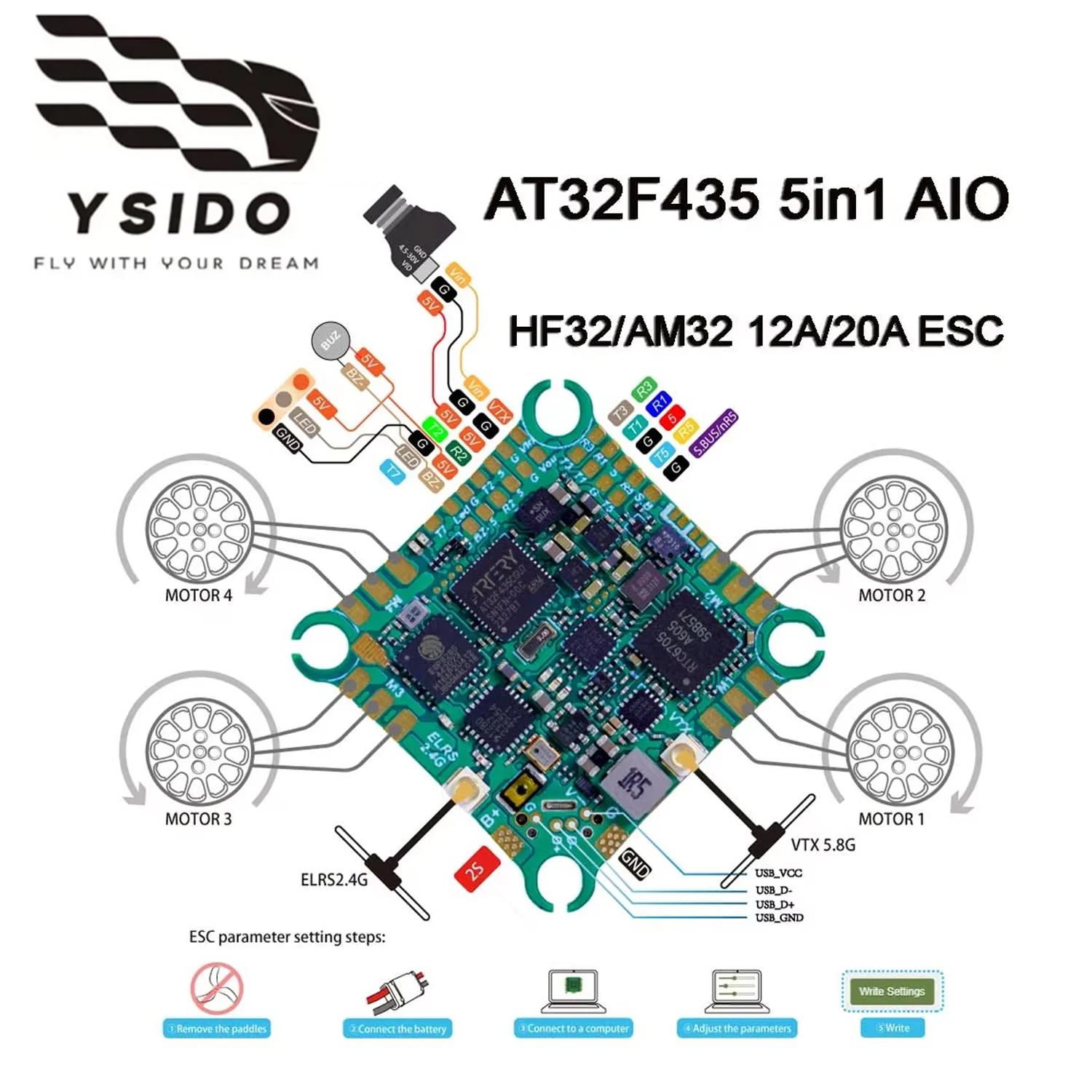 

YSIDO AT32F435 5-in-1 AIO 5V/2A HF32/AM32 12A/20A ESC ExpressLRS ELRS 2.4G&5.8G 400mW VTX for FPV Tinywhoop Toothpick Drones