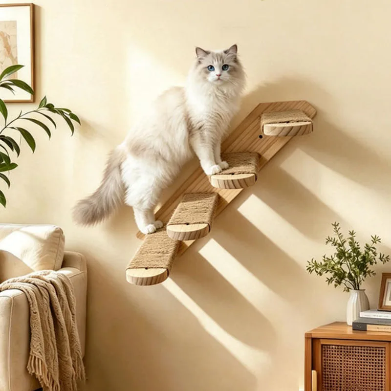 Cat Tree Wall Mounted Shelves Scratching Post Cat Jumping Platform Cat Hammock Rope Ladder Cat Climbing Frame Wooden Furniture