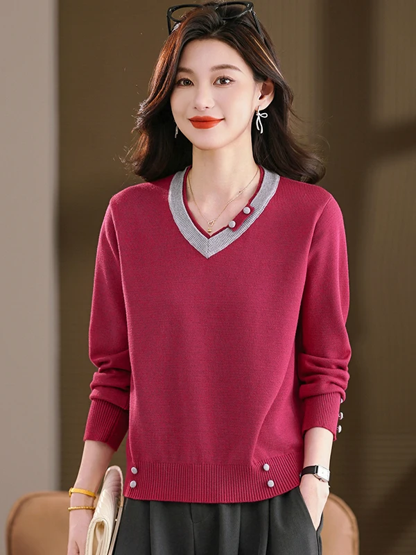 Women's Knitted V-Neck Sweater Casual Loose Fit Long Sleeve Inner Wear Base Shirt Outerwear Fashionable Top Heart-Shaped Collar