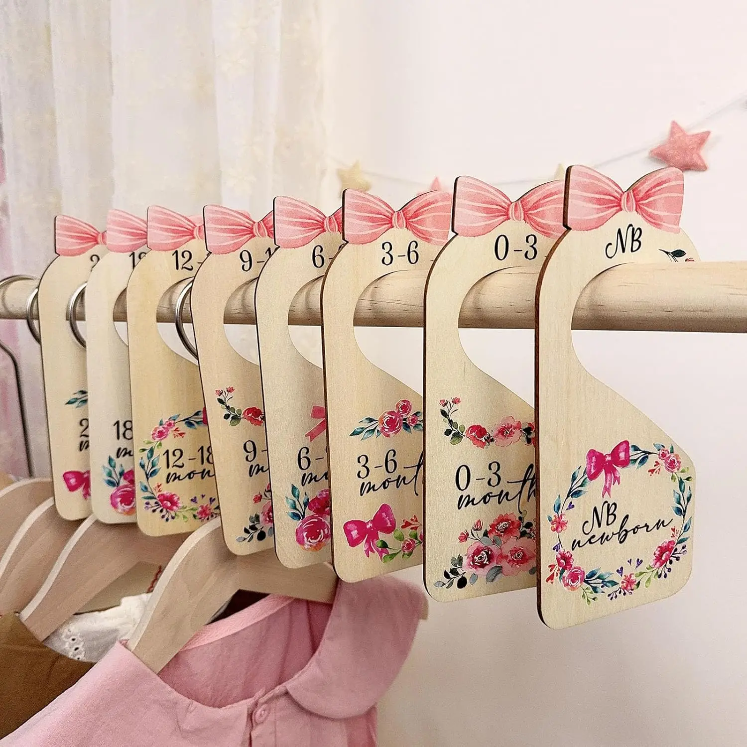 

8pcs Double-Sided Wooden Baby Closet Dividers for Girls Nursery Decor and Wardrobe Organization