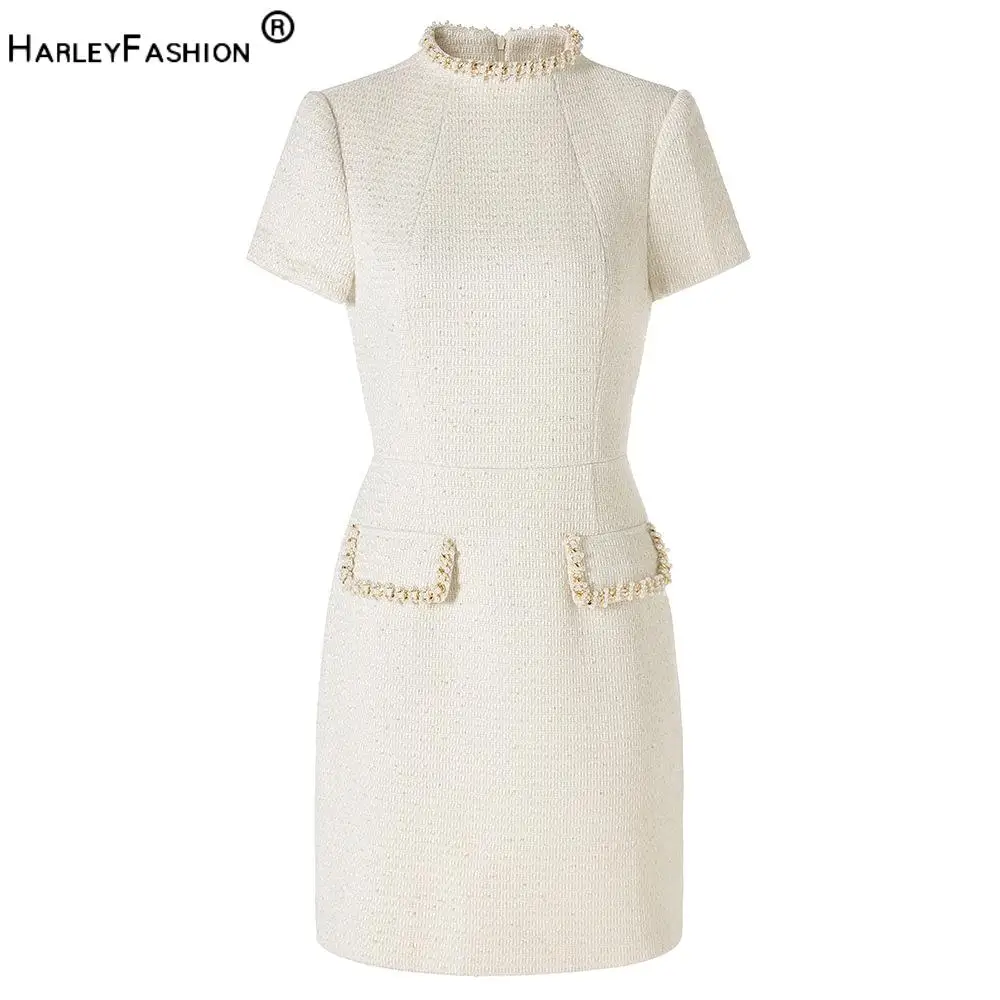 

Summer Spring Quality Tweed Lady Dress Beads O-neck Short Sleeve Designed Sequined Short Mini Slim Dress Women