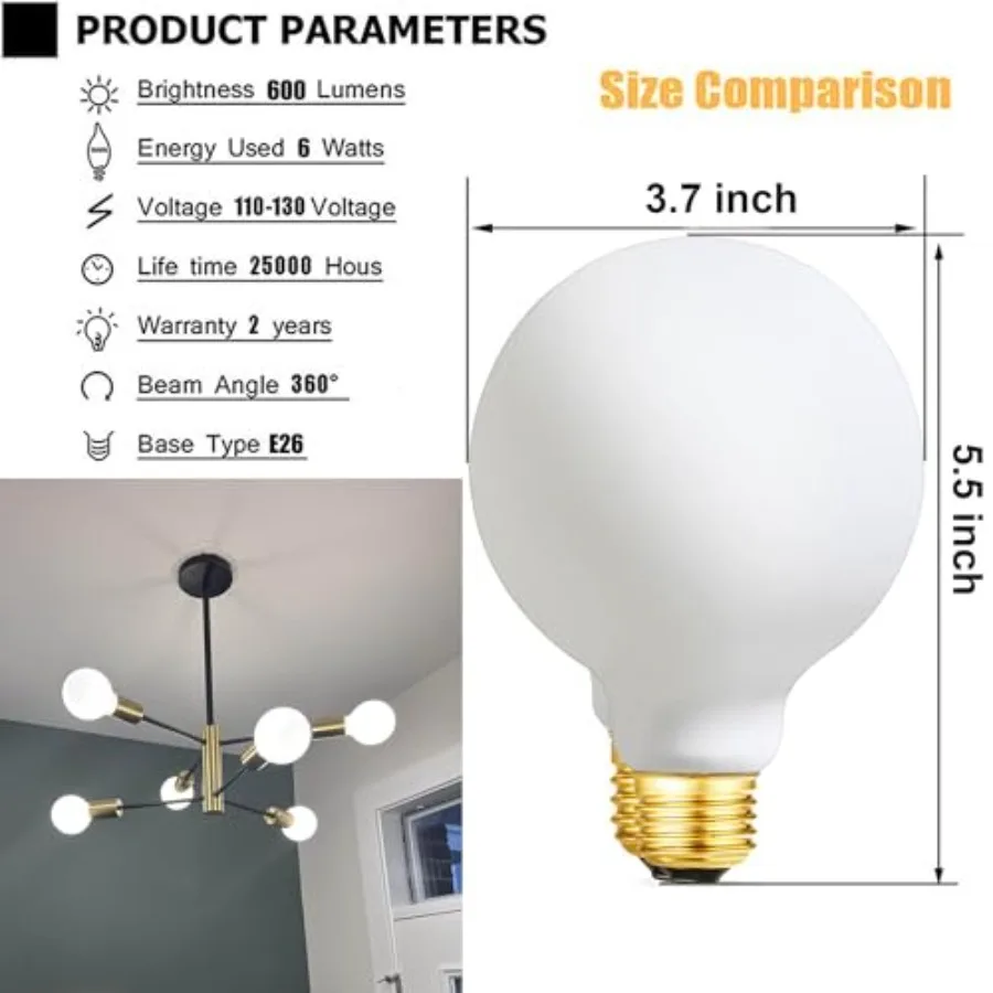 LED Light Bulb G30/G95 Dimmable Flick-Free Matt White 6W Daylight White CRI95 600LM, 60W Equivalent Vintage LED Edison Globe Li