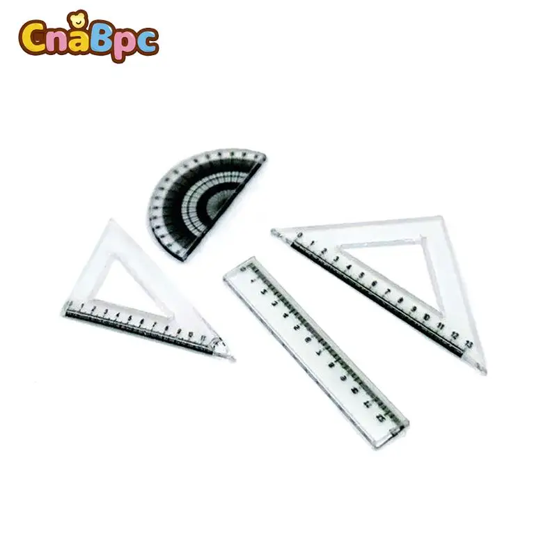 4Pcs/Set 1:12 Dollhouse Mini Accessories Ruler Protractor Triangle Ruler Straightedge Simulated Learning Drawing Supplies Model