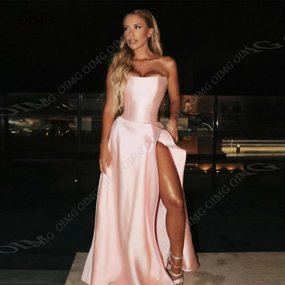 

OIMG Pink Strapless A Line Evening Dresses for Women Long Spandex Satin Prom Dress Floor Length Formal Event Night Club Gowns