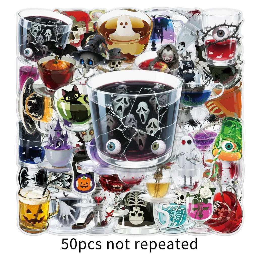 

50 Pieces Transparent Grotesque Teacup PET Stickers - Halloween Horror Series Funny DIY Decals LanLanStickersWorld Store