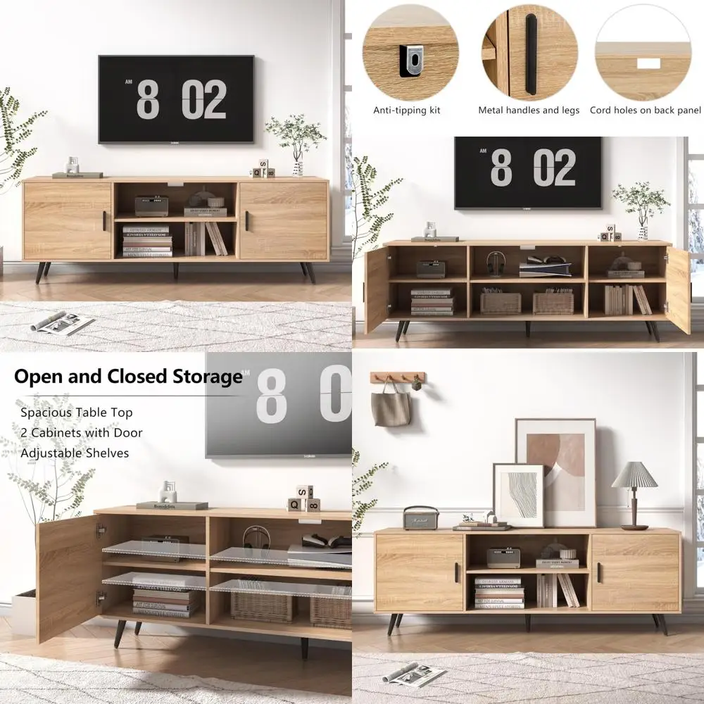 Mid Century Modern TV Stand for 70-75 Inch TVs - Wooden Storage Entertainment Center, Living Room and Bedroom Media Console