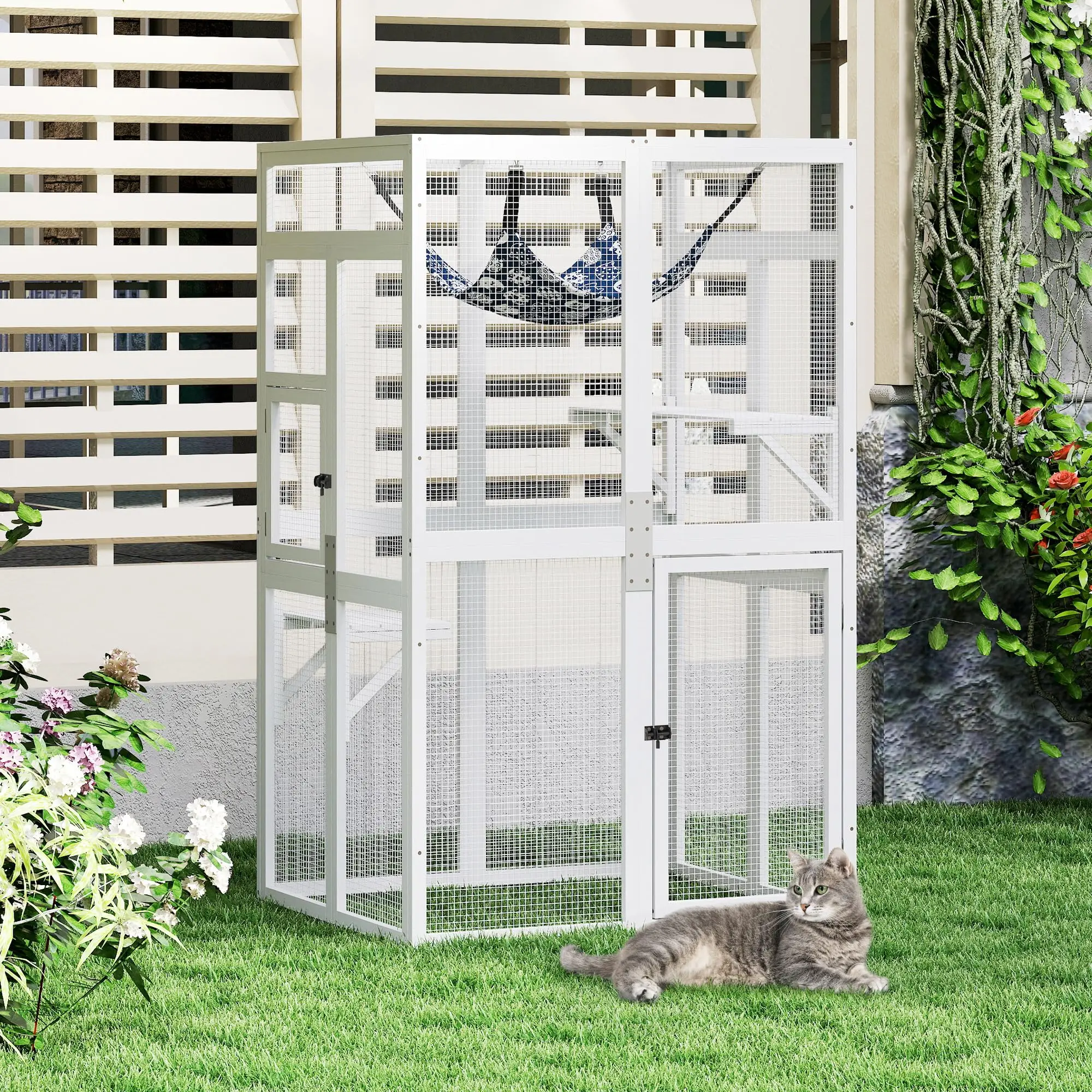 Outdoor Wooden Catio, Weatherproof Cat Enclosure with Window Access | Cat enclosure with 2 jumping platforms and