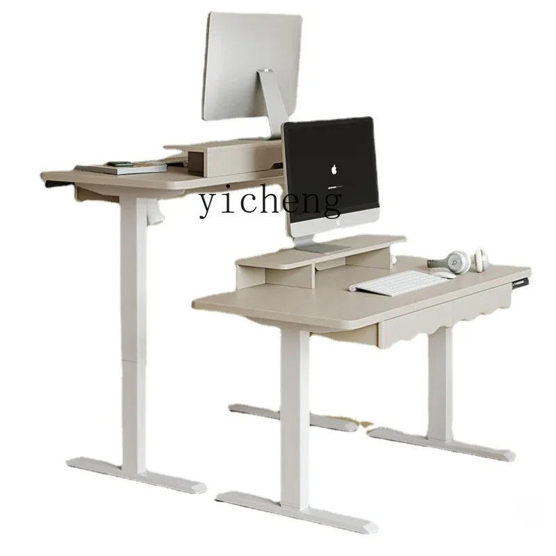 

ZC Electric Lifting Desk Study Table French Cream Style Student Household Computer Desktop Table with Drawer Chair