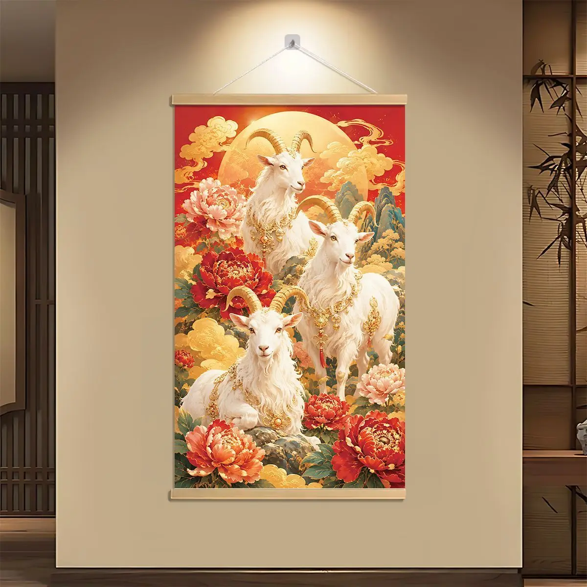 VIKAMA Three Rams Wall Art Scroll Painting Chinese Zodiac Lucky Decor Living Room Entryway Canvas Hanging Gift