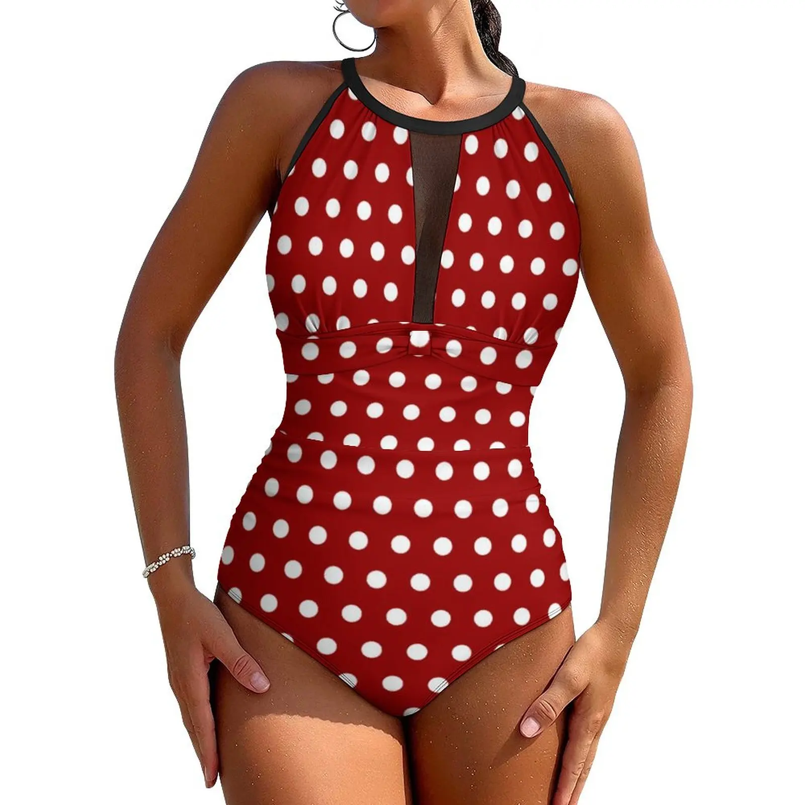 

White Polka Dot Swimsuit Dark Red One Piece Swimwear Push Up Vintage Monokini Sexy Surfing Custom DIY Beach Wear