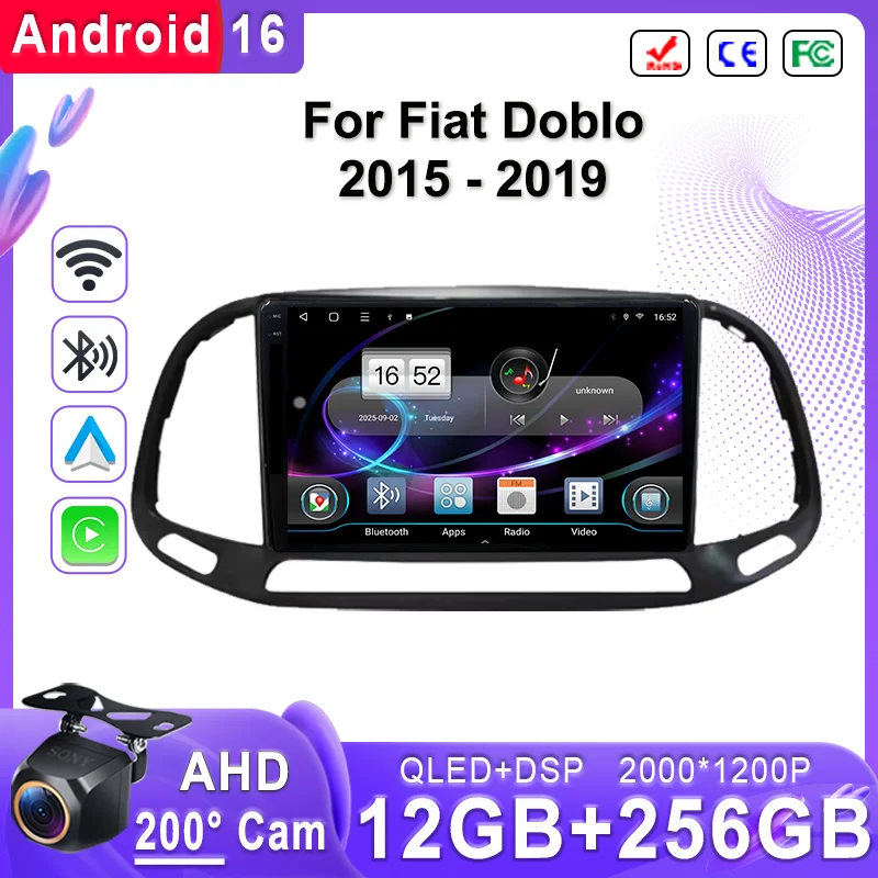 Android 16 2K Incell Screen Multimedia Stereo For Fiat Doblo 2015 - 2019 Plug and Play High-performance CPU GPS Navigation HDR