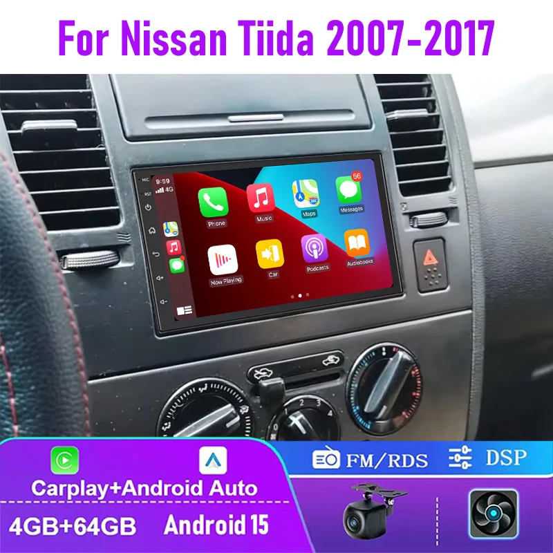 

7" 4+64GB For Nissan Tiida 2007-2017 Car Radio Wireless Carplay Android 15 Auto Steering Wheel Control 2DIN GPS Rear Camera