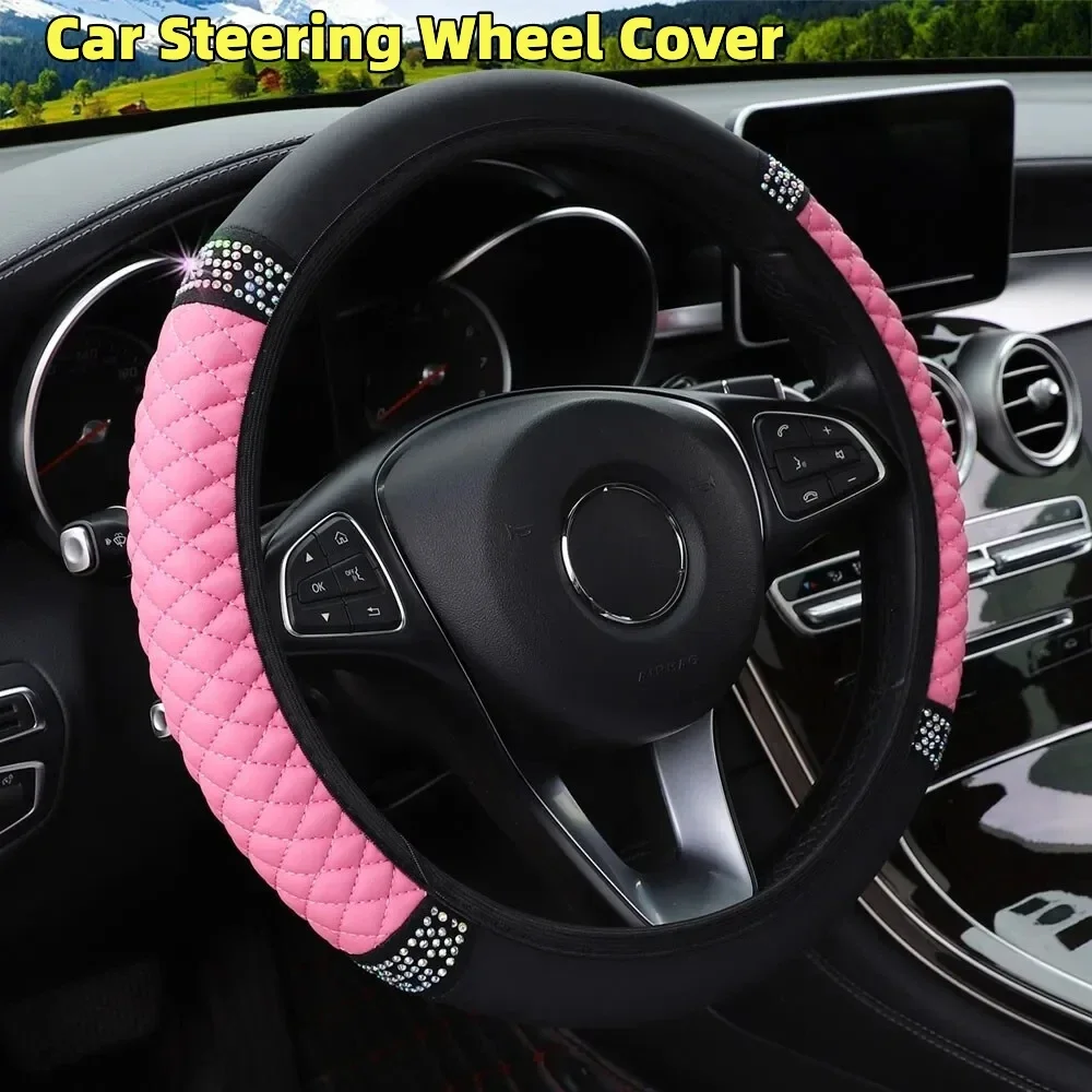 Car Steering Wheel Cover Without Inner Ring 37-38cm Three-dimensional Leather Embroidered Color Diamond-encrusted Breathable