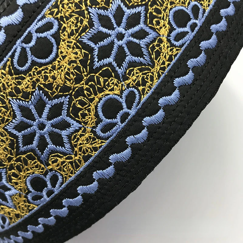 New Hui Men\'s Worship Hat Flat-topped Round-brimmed Gold and Blue Embroidery Saudi Hats Islam Homme Jewish Kufi Islamic Cap Men