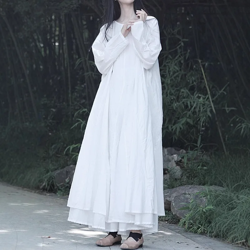 

Women's Long Dress Literary Style Pure Cotton Design Double-Layer Long-Sleeve Full-Skirted Dress Vintage Harajuku Dresses Trendy