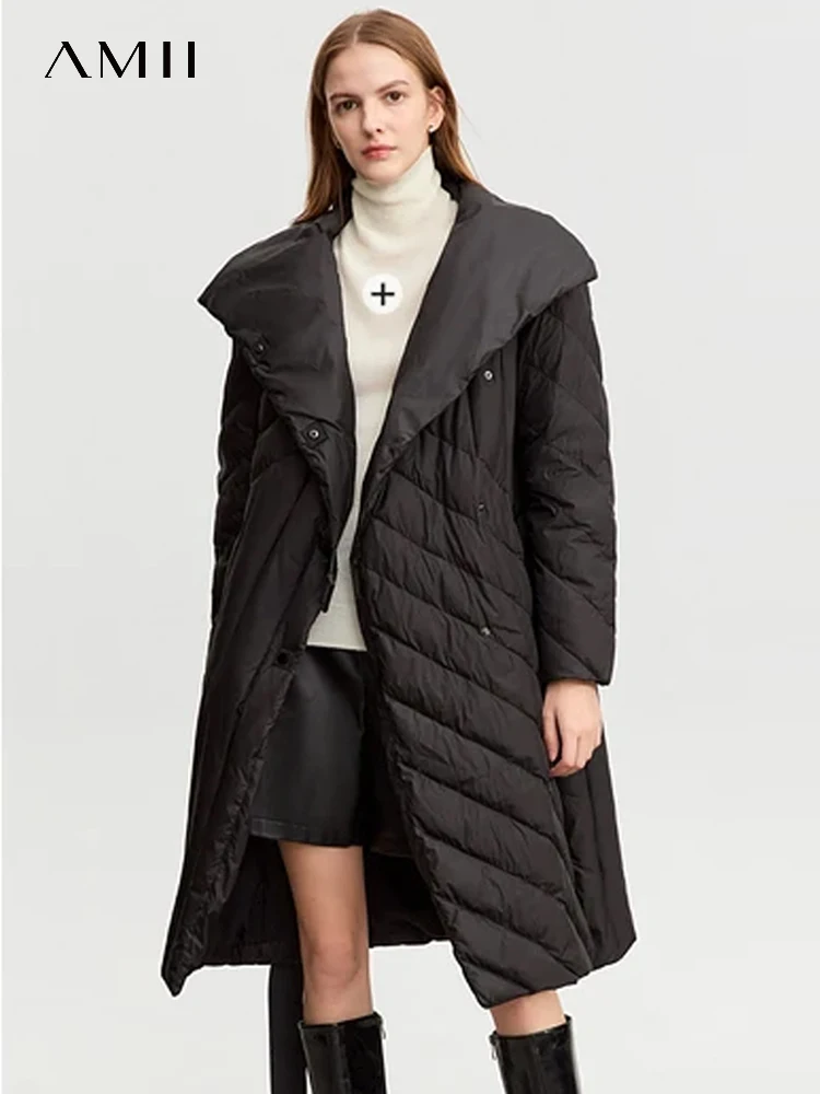 AMII Minimalism Long Down Jacket For Women Winter New Lapel Stand Collar Adjustable Belt Lady Outwear Windproof Coats 12344105