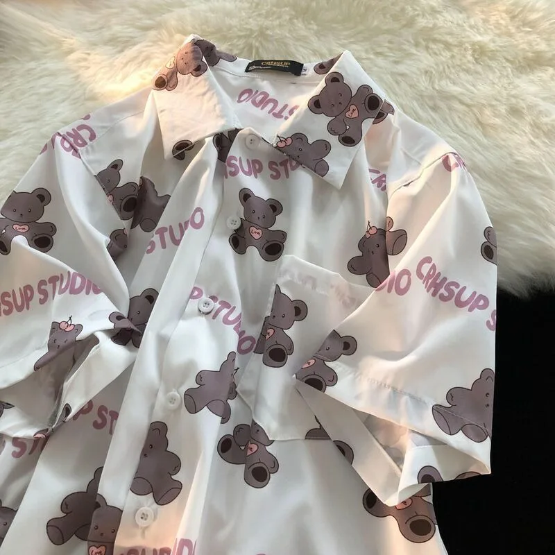 

Dark Bear Cute Cartoon Full Printed Shirts Short Sleeve Lapel Blouse Men Women Harajuku Fashion Y2K Tops Korean Students Summer