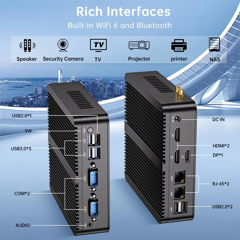 MSECORE MU6 인텔 N100 팬리스 미니 PC 윈도우 11 산업용 컴퓨터 HTPC 사무용 휴대용 PC 4개 USB 포트 2개 COM 포트 2개 LAN 포트 DP 포트 2개 HDMI 포트