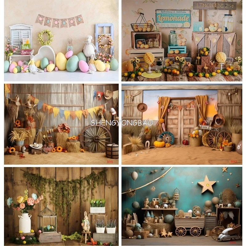 Spring Easter Wood Door Photography Backrops Flower Bunny Egg Kid Birthday Party Portrait Decor Photo Studio Background