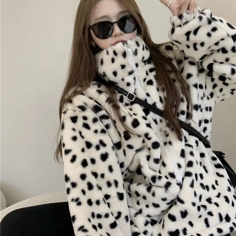 Autumn/Winter Women\'s Casual  Leopard Print Zipper White Short Coat