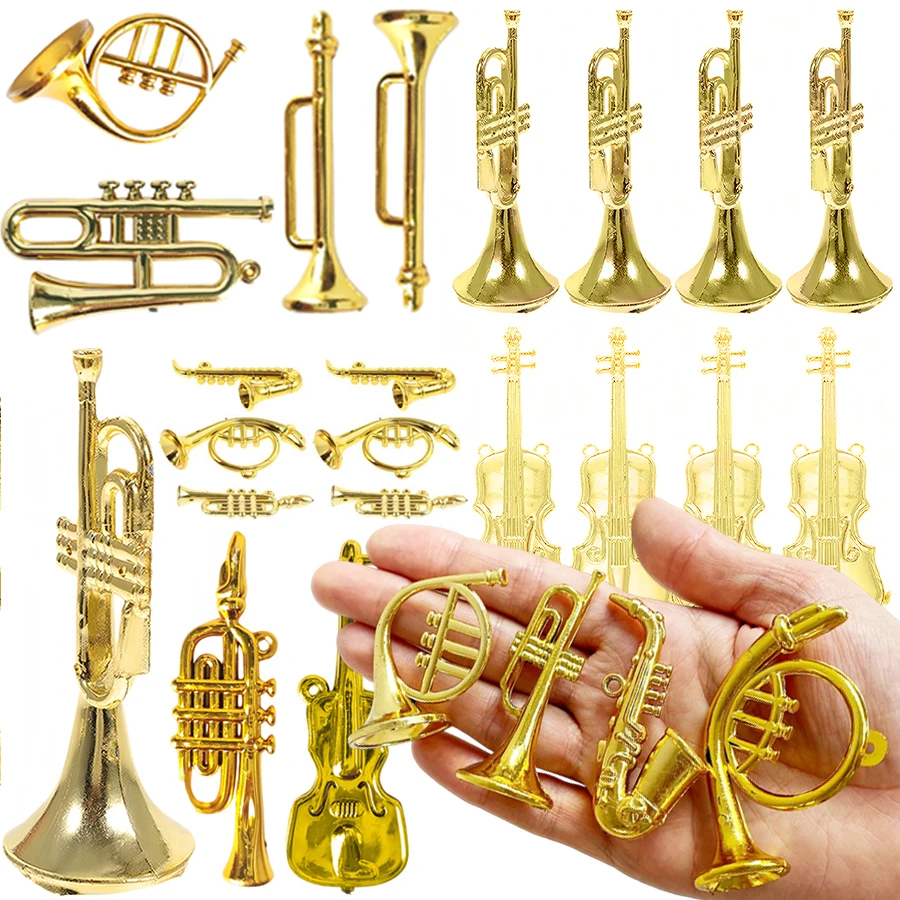 8pcs 2-7cm Mini Golden Musical Instrument Ornaments Miniature Dollhouse Miniature Desktop Decoration Creative Decorative Crafts