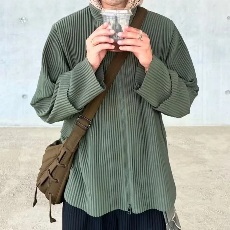 

Miyake Pleated Men's Tops Casual Workwear Jacket Zipper Loose Long Sleeve Autumn Coat Simple Business Commuter Office Wear