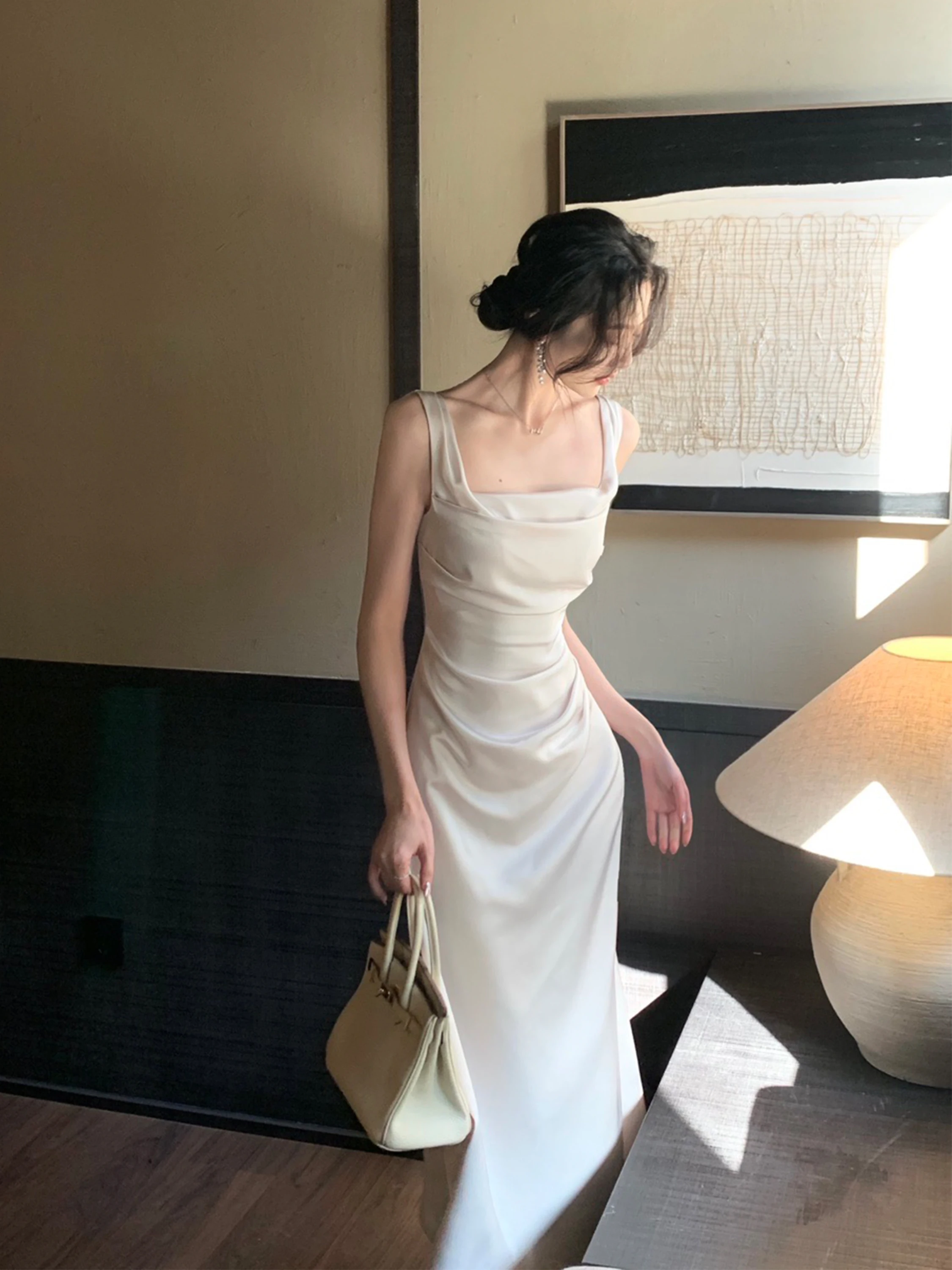 

Элегантное белое шелковое платье с присборенной талией, женское, модное, весна-лето, новый стиль, с завышенной талией, А-силуэт, во французском стиле