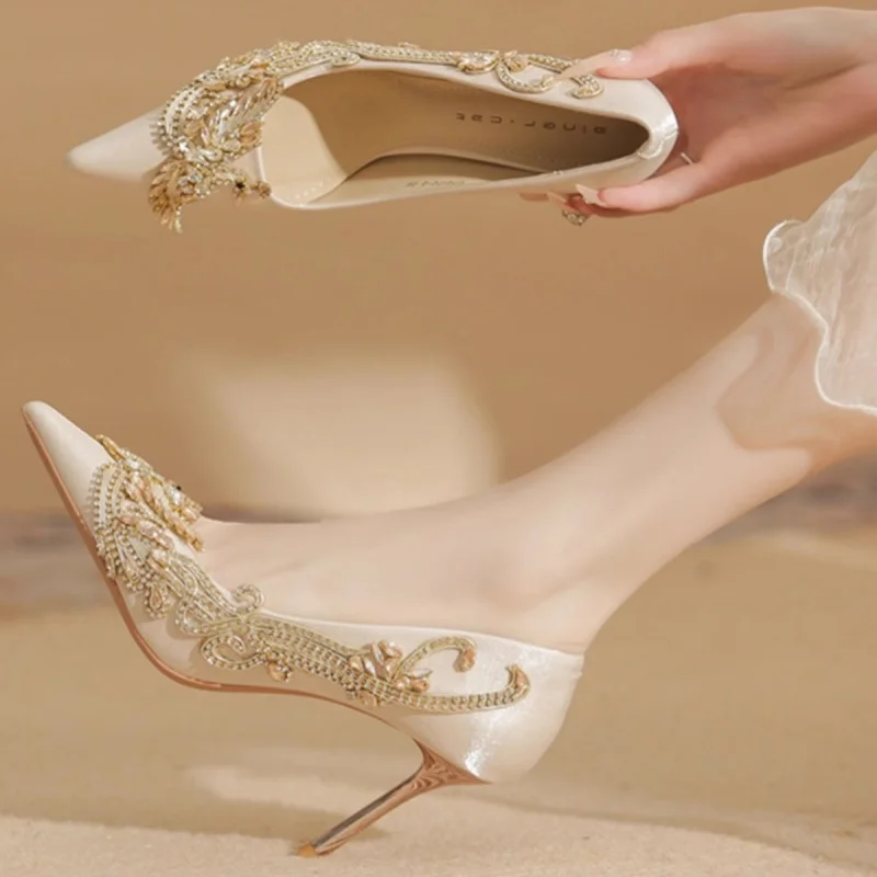 

Spring and summer new pointed shallow rhinestone silk wedding shoes thin high-heeled banquet dress versatile women's shoes