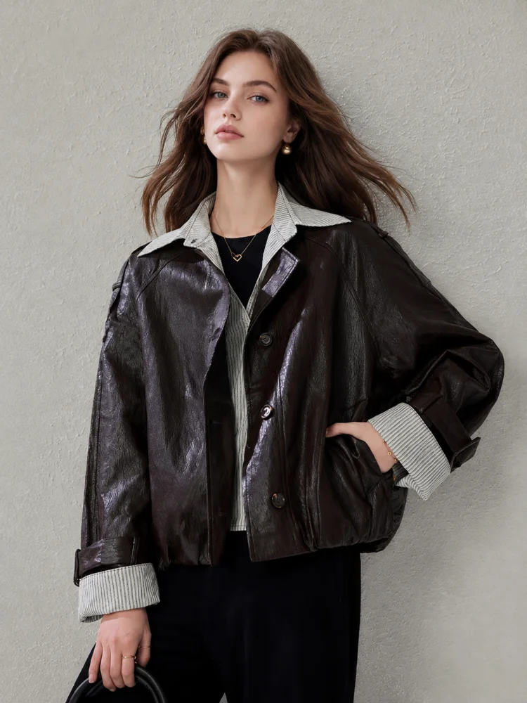 Women's Layered Collar Trucker Jacket, Button‑Front Loose Cropped Moto Coat, Vintage Contrast Cuff Fall Outerwear