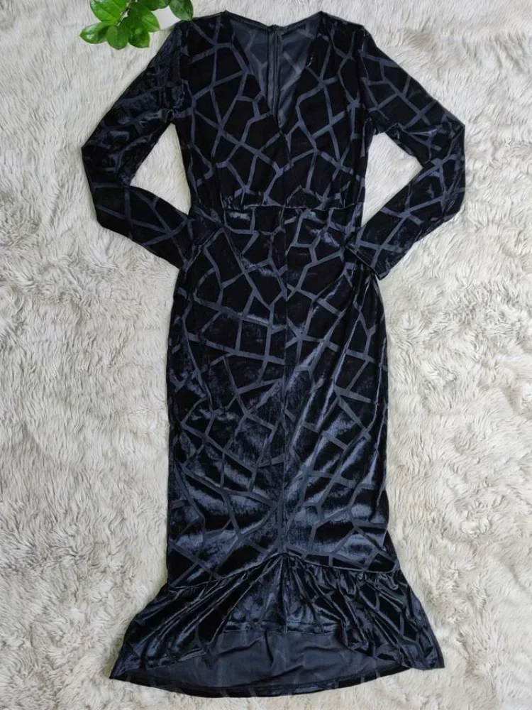 GUWU 여성용 섹시한 메쉬 쉬어 인어 바디콘 드레스, 우아한 V넥 긴 소매 프릴 파티 클럽 원피스, 가을 솔리드 드레스