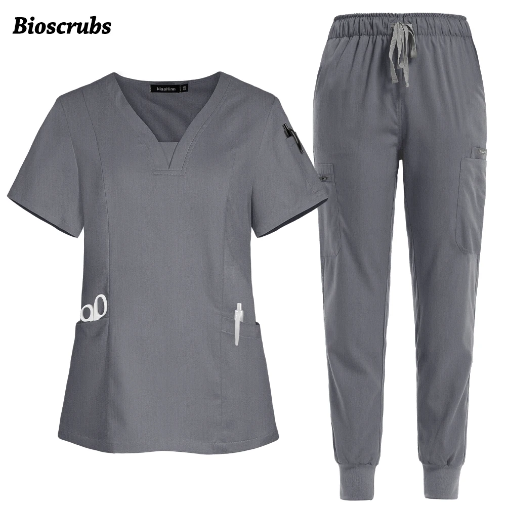 Ropa de trabajo clínica gris elegante de gama alta, uniformes de enfermera para mujer, Top de enfermería para médico de Hospital, pantalones, ropa de trabajo para tienda de mascotas de belleza, nueva