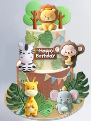 Safari Jungle Animal Cake Topper Lion Giraffe Elephant Zebra Monkey Trees Leaves for  Birthday Baby Shower Party Supplies