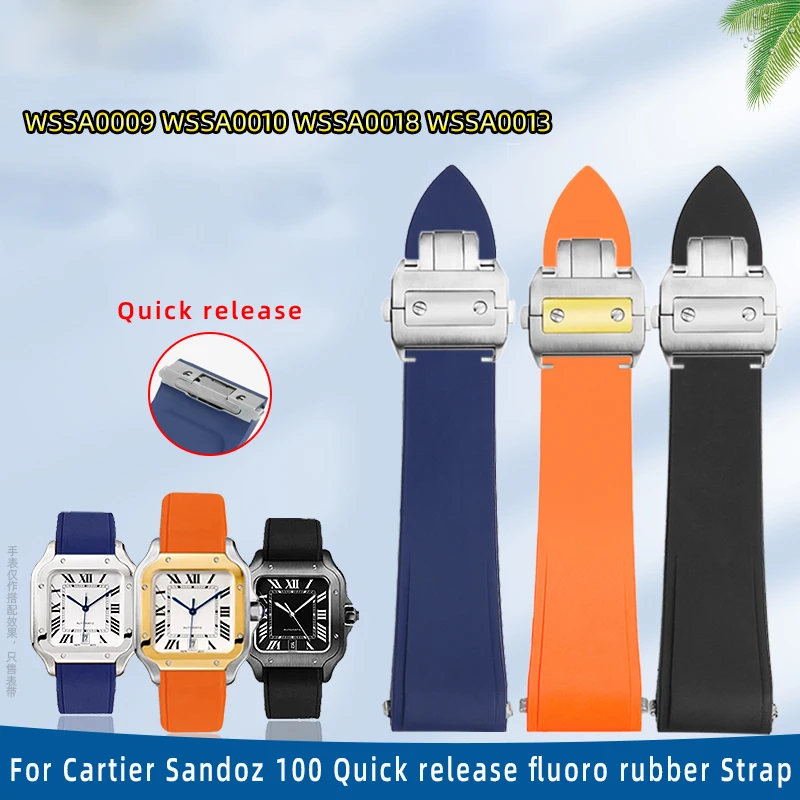 

21mm Quick release adapter watch strap For Cartier Santos Sandoz 100 soft fluoro rubber watchband Folding buckle men bracelet