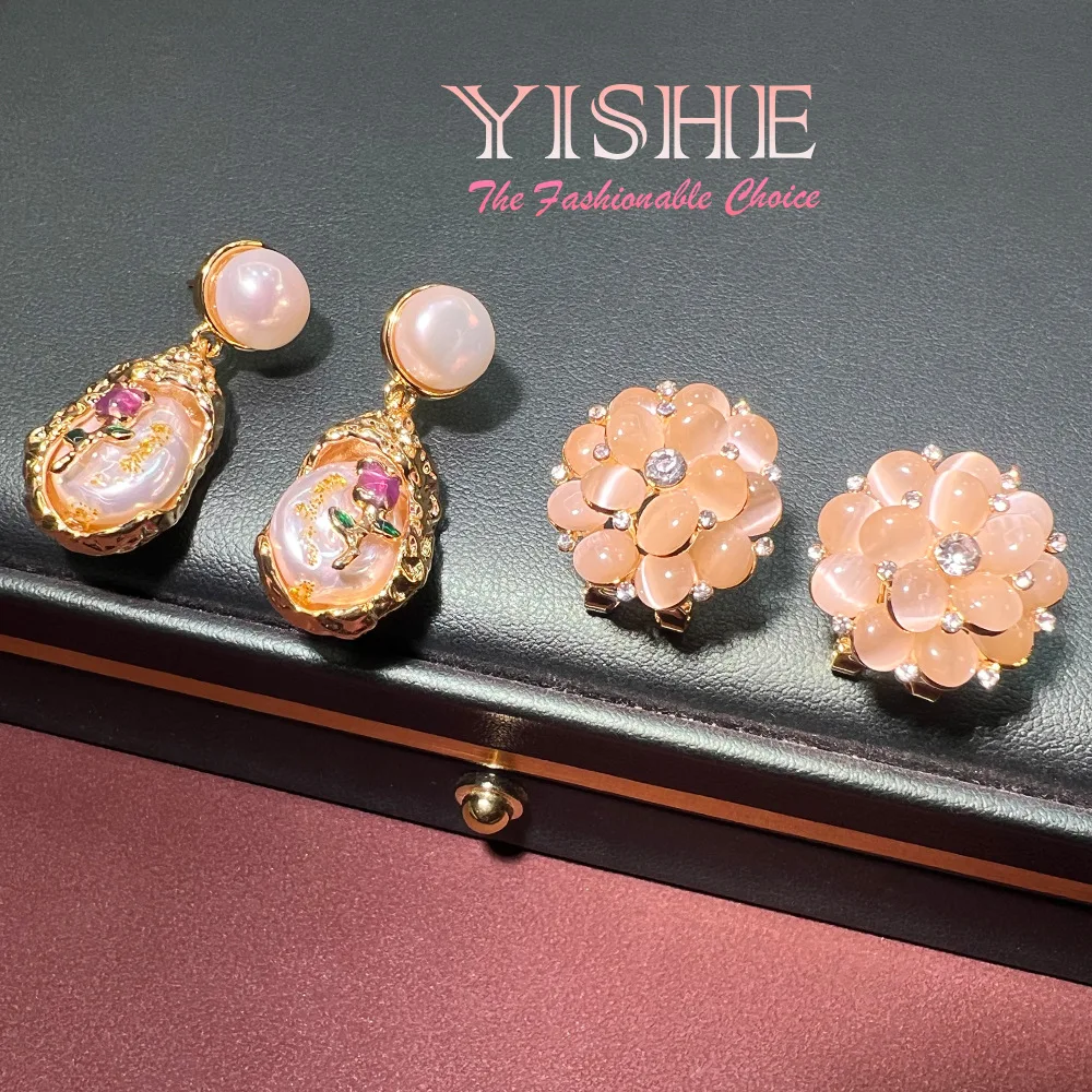 French 18K natural pearl oil painting water drop earrings, natural opal summer high-end niche exquisite stud earrings