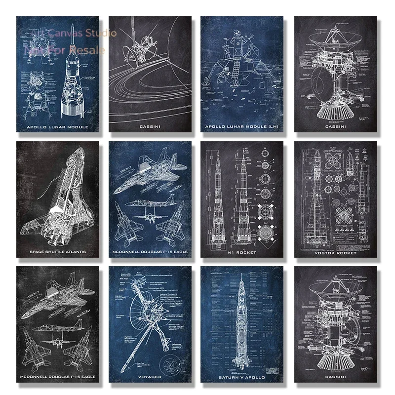 Chalkboard Vintage Blueprint Poster Canvas Painting Prints Space Shuttle Artwork Science Wall Art Gift Home Room Decor Framel