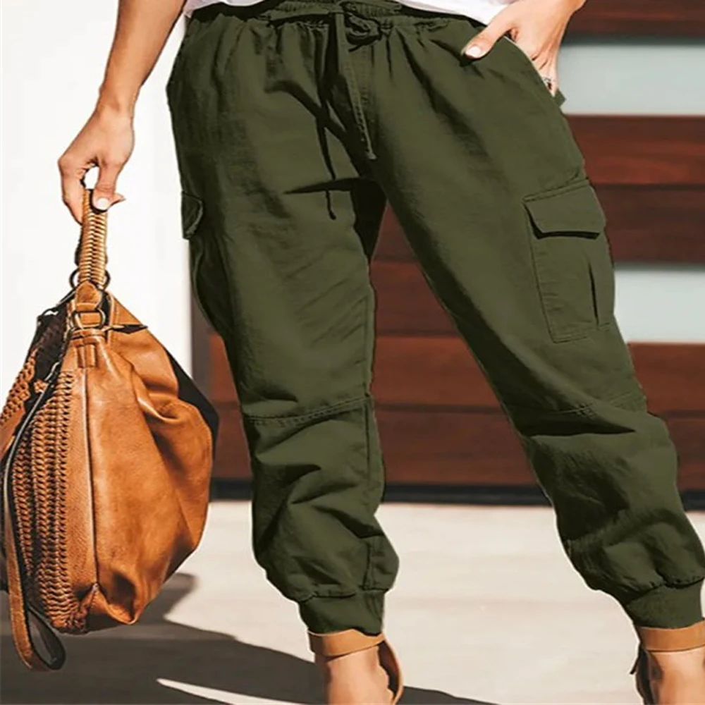 Women Cargo Pants Autumn Spring Elastic Waist Pocket Armygreen Black Gray Long Trousers JYFS-JY0657