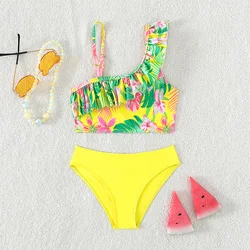 New Children's Angled Shoulder Strap Split Swimsuit Girls Printed Ruffles Quick-Drying Breathable Bikini Swimwear Beach Wear