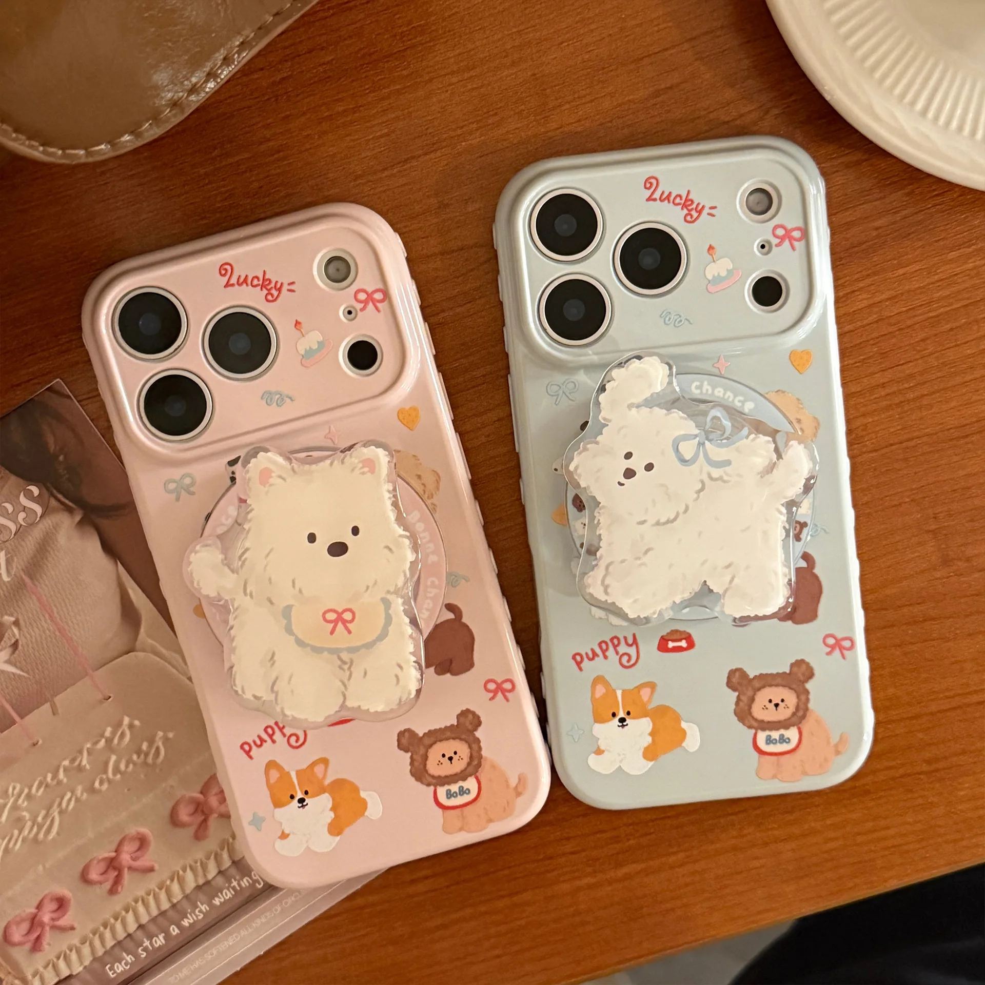 Koreanische niedliche Cartoon-Welpen-Magnetständer-Halter-Telefonhülle für iPhone 17, 16, 15, 14, 13, 12, Pro Max, stoßfeste schützende weiche Abdeckung