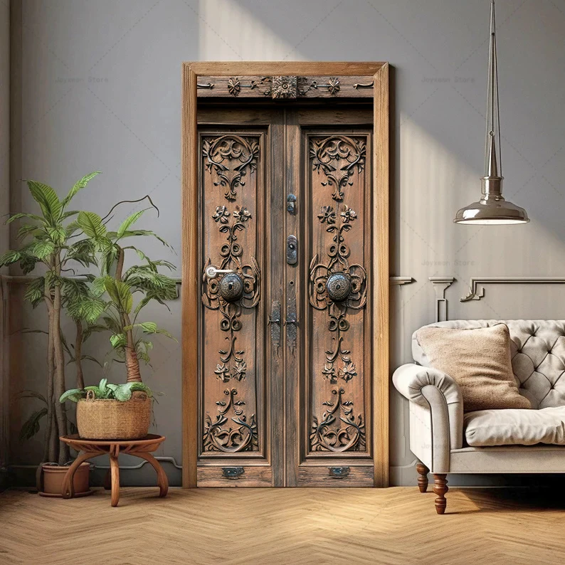 Retro Simulation Wooden Door Stickers Old House Renovation Decoration Murals Creative Design PVC Waterproof Door Stickers