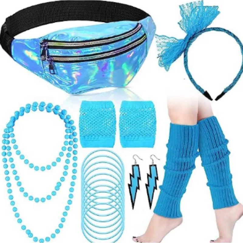 Accessoires de Costume Holographique des Années 80, 19 Pièces, Pack Banane, Jambières, Bandeau de Sauna en Dentelle, Boucles d'Oreilles, Gants, Collier, Bracelet