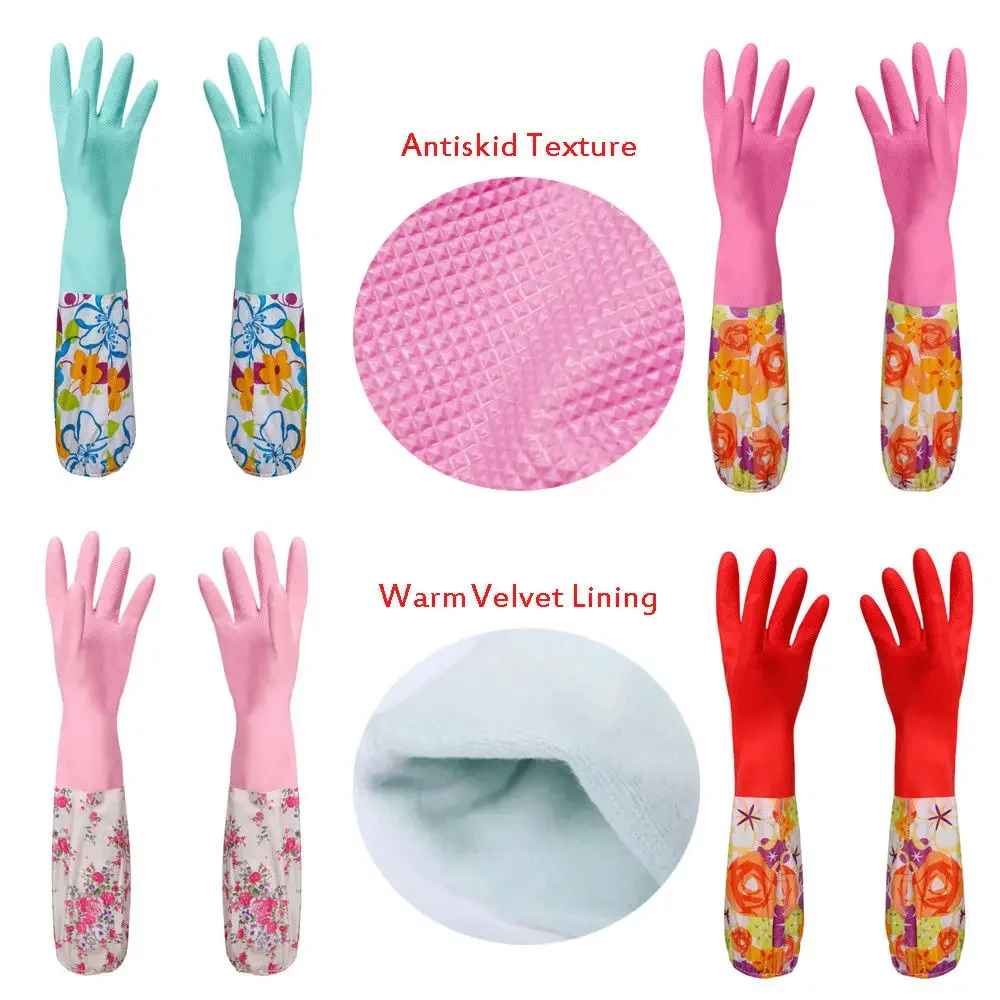 Flower Rubber Velvet Long Gloves Household  Antiskid Washing Cleaning   Dish