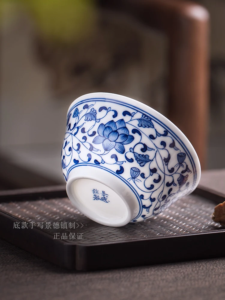 Hand Drawn Kung Fu Tea Cup Blue and White Porcelain Large Master Cup Single Twine Tea Pressure Bottle Personal Dedicated