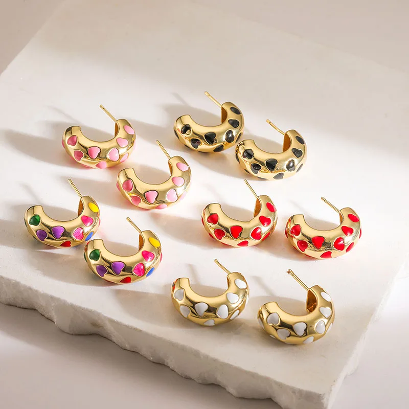 HECHENG, Drip oil craft gold-plated polka dot hearts colourful graffiti C-shaped temperament niche earrings wholesale jewellery