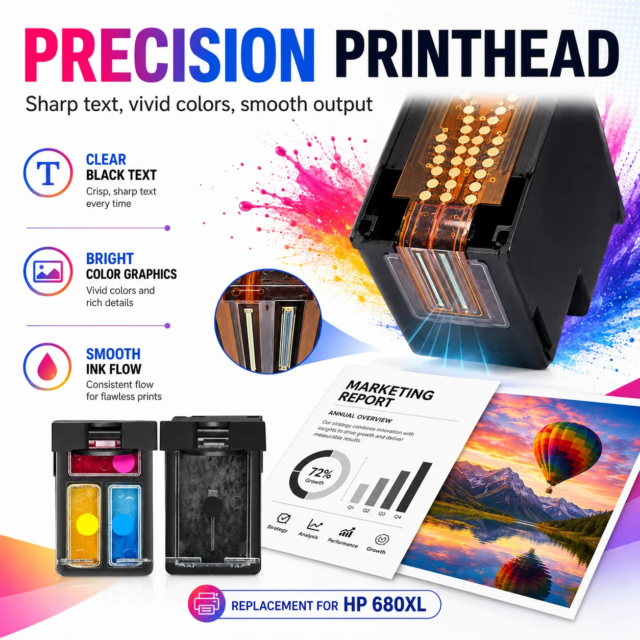 680XL Ink Cartridge Replacement for HP 680 XL Black + Tri-Color with Smart Chip for DeskJet 1115 2135 3636 3838 Printers