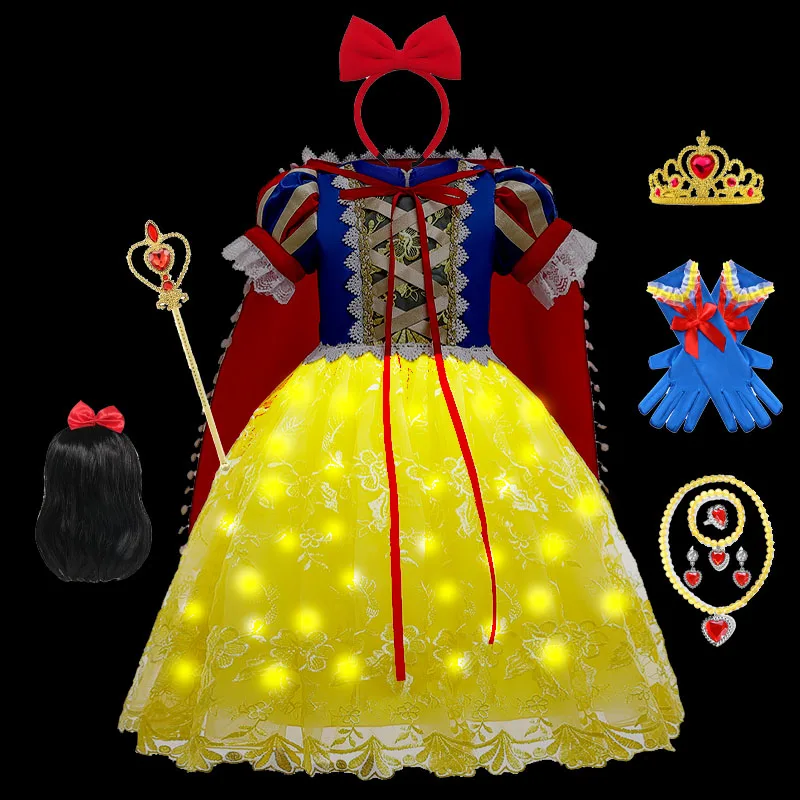 

Girls Snow White Glowing Dress with LED Kids Princess Dress Up Costume Toddler Snow White Fancy Clothing Christmas Party Outfits